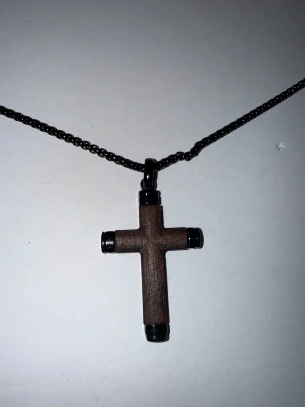 ROPARTMAN Wood and Black Steel Cross Pendant Necklace with Pouch Men's